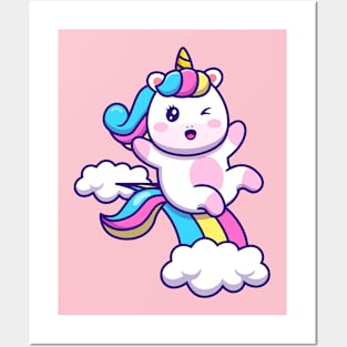 Cute Unicorn - Rainbow and Clouds Posters and Art